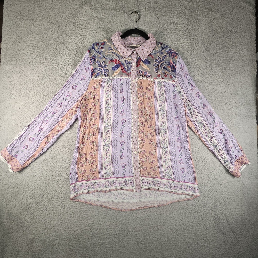 Oddy‎ Button Up Top Womens 1XL Mixed Media Velvet Burnout Floral Boho Festival